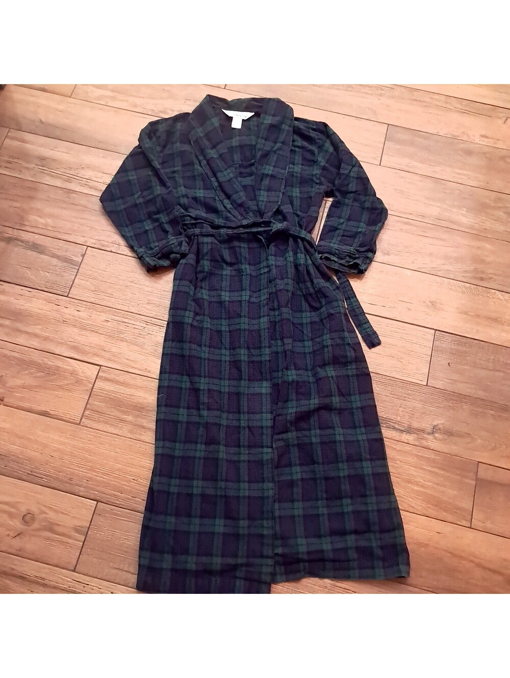 The Vermont Country Store Robe men's sz S SMALL Flannel green navy blue Plaid